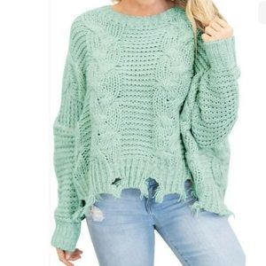 Long Sleeve Cable Knit Ripped Hem Pullover Sweater